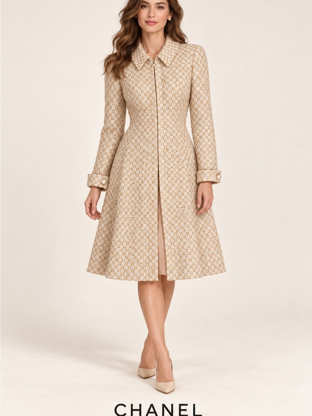 CHANEL Beige Tweed Long Sleeve A-Line Coat